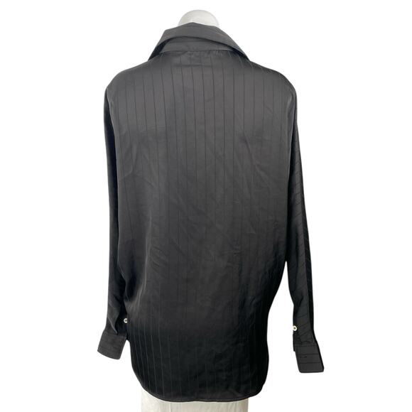 Commense Women's Black Silk Satin Striped Long Sleeve Button Down Shirt Top Sz S - Picture 2 of 4